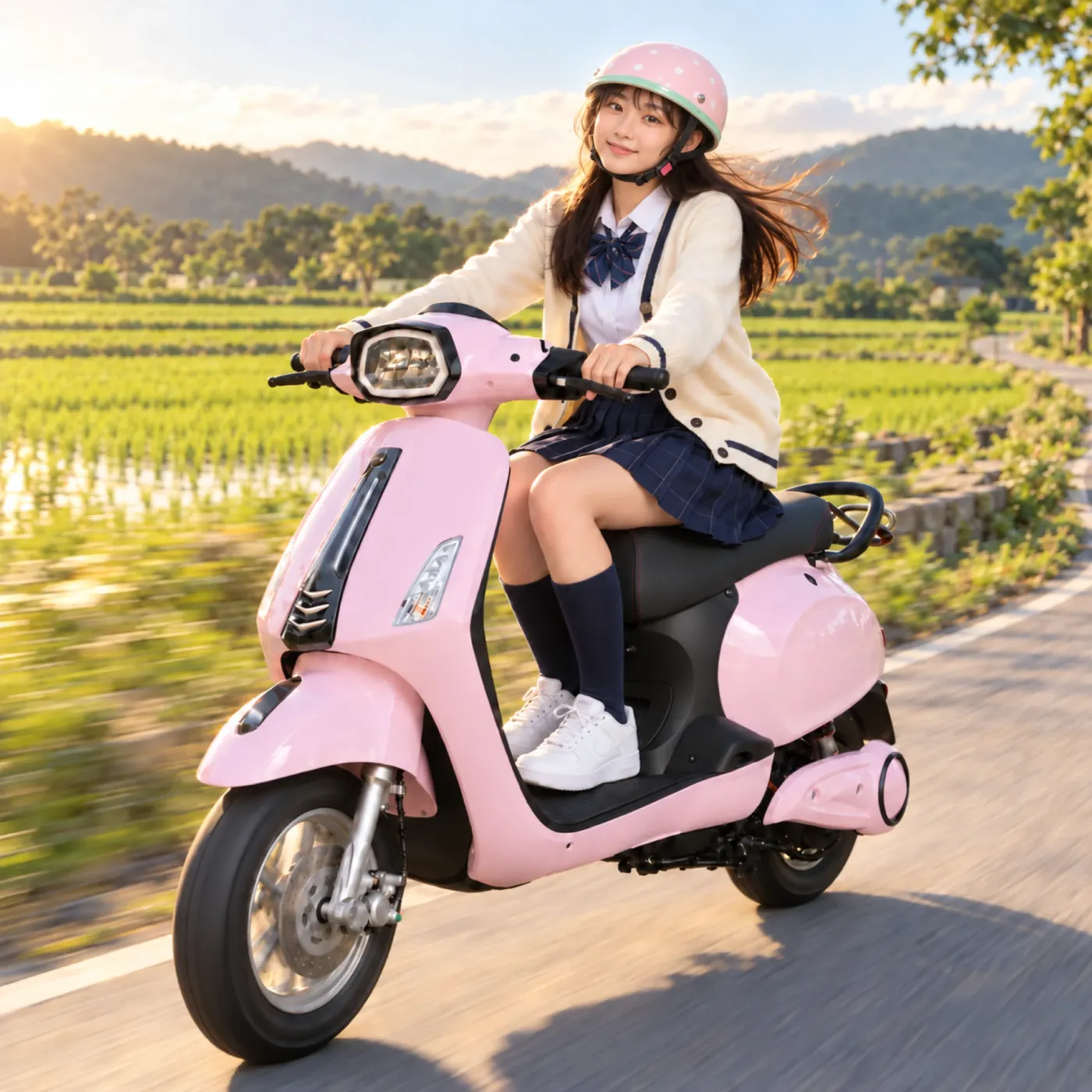戴著安全帽、騎著粉紅色微型電動車行經稻田旁的騎士
